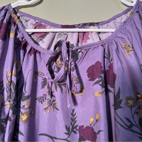 Plus Size Peasant Blouse Purple Yellow Floral Tie Neck - Picture 5 of 10